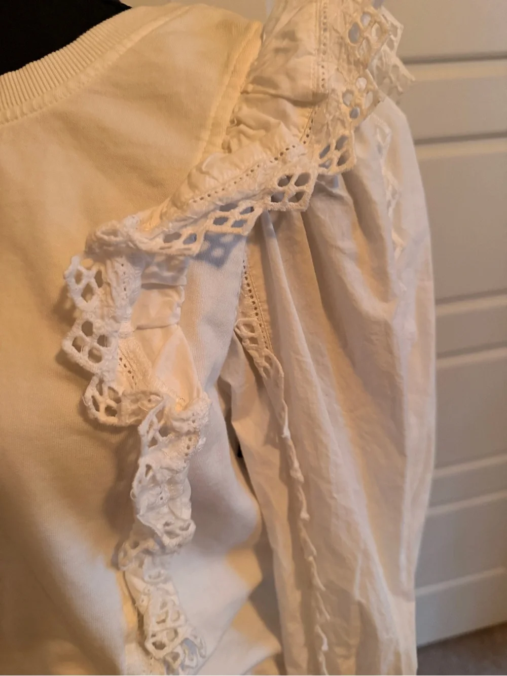 Anthropologie Women’s White Ruffle Lace Detail Long-Sleeve Top - 100% Cotton